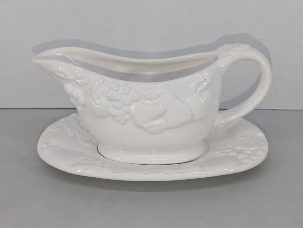 Gibson Elite White Fruit 2-PC Gravy Boat Saucer & Under Plate